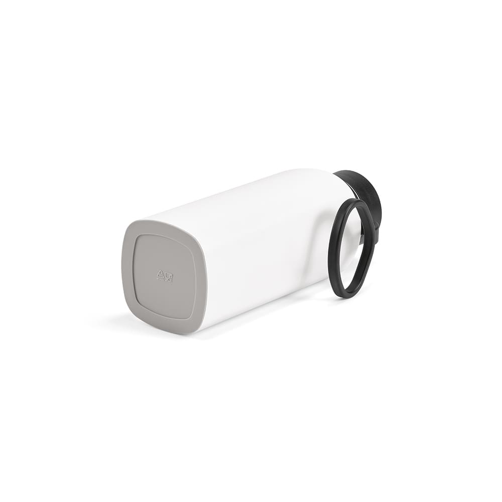 A drink bottle in white with a grey base and a black lid, featuring a logo and a leakproof design.
