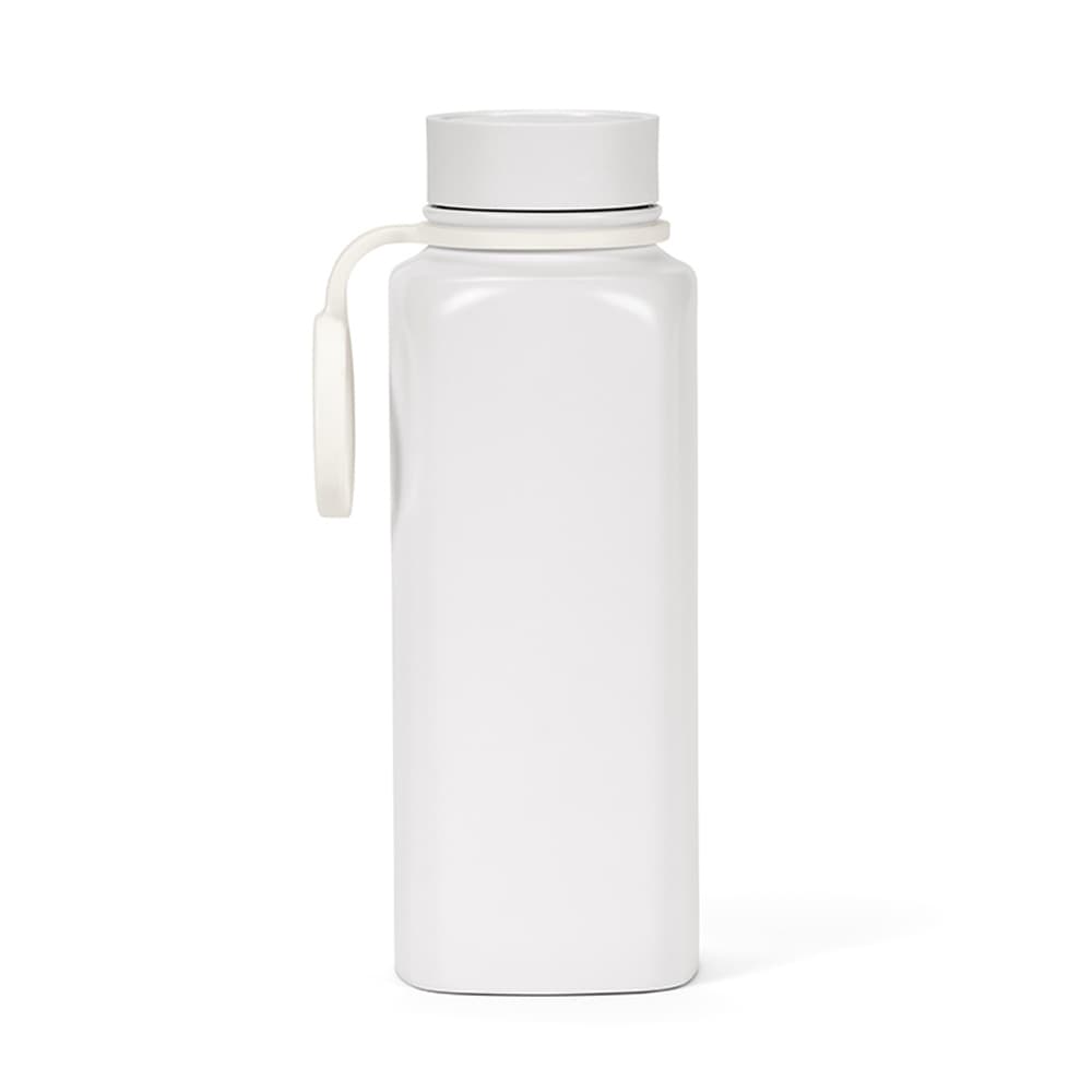 A drink bottle in white with a double wall, leakproof design, and a 360° push lid. Features a logo.