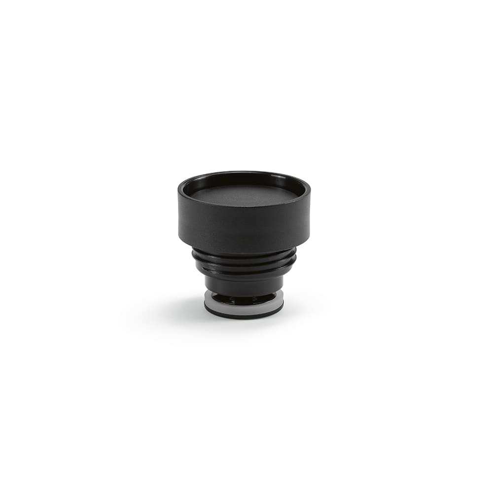 A drink bottle lid in black, featuring a double wall design and a leakproof seal. Includes a logo on the side.
