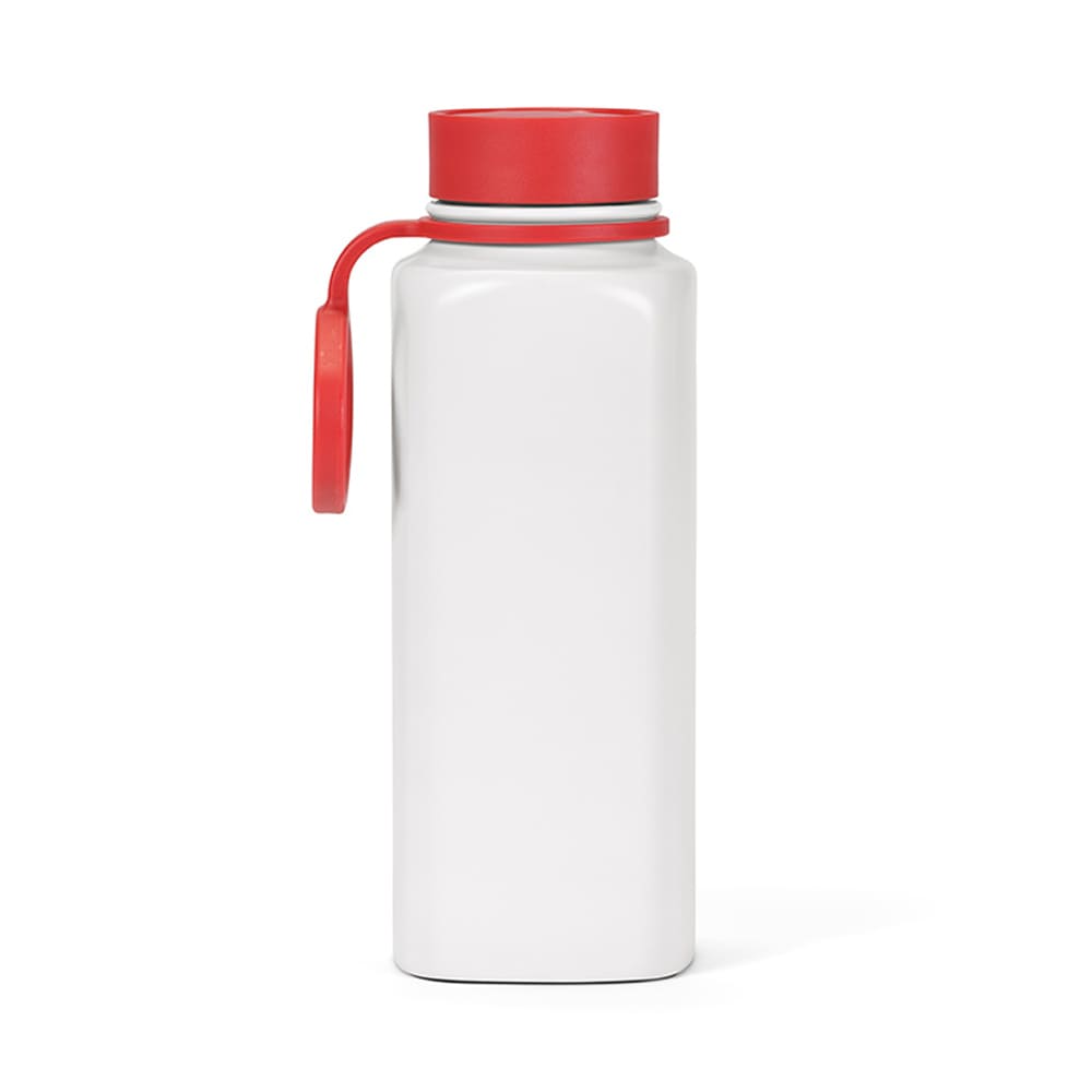 A drink bottle featuring a white body with a red lid and a leakproof design. It has a branding logo.