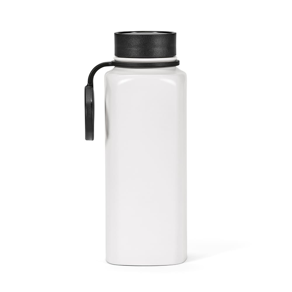 A drink bottle in white with a black cap, featuring a double wall and a leakproof 360° push lid.