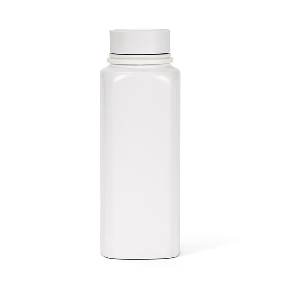 A drink bottle in white, featuring a double wall, leakproof design, and a 360° push lid. It has a logo.
