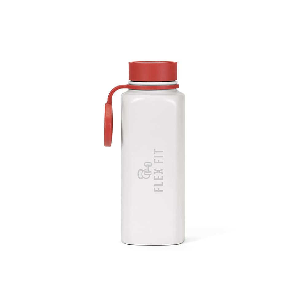 A drink bottle in white with a red lid and a flexible carry handle, featuring a logo. Double wall and leakproof design.
