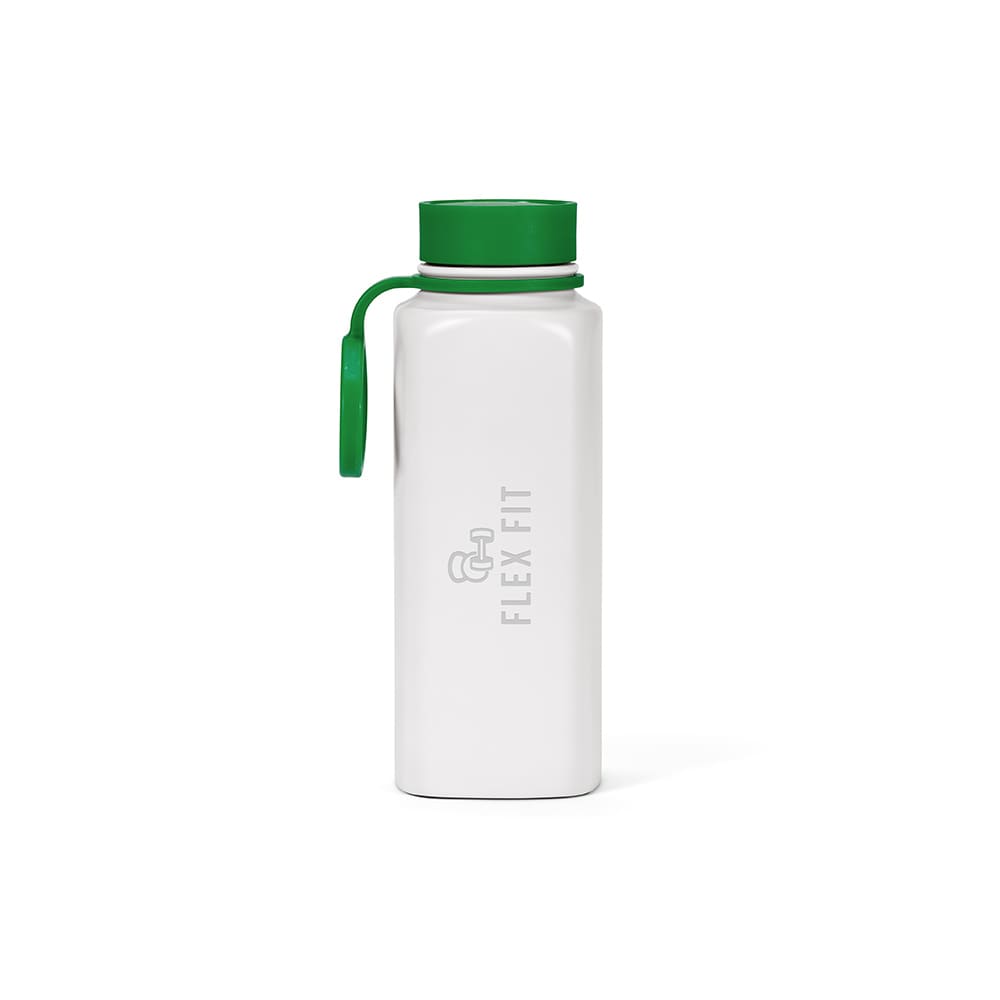 A drink bottle in white with a green lid and handle, featuring a logo. It has a double wall and is leakproof.