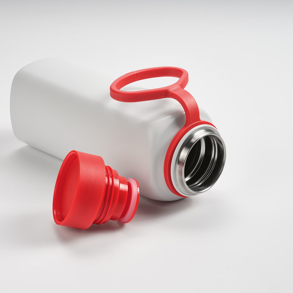 A drink bottle with a white body, red lid, and a stainless steel rim, featuring a leakproof design and a handle.