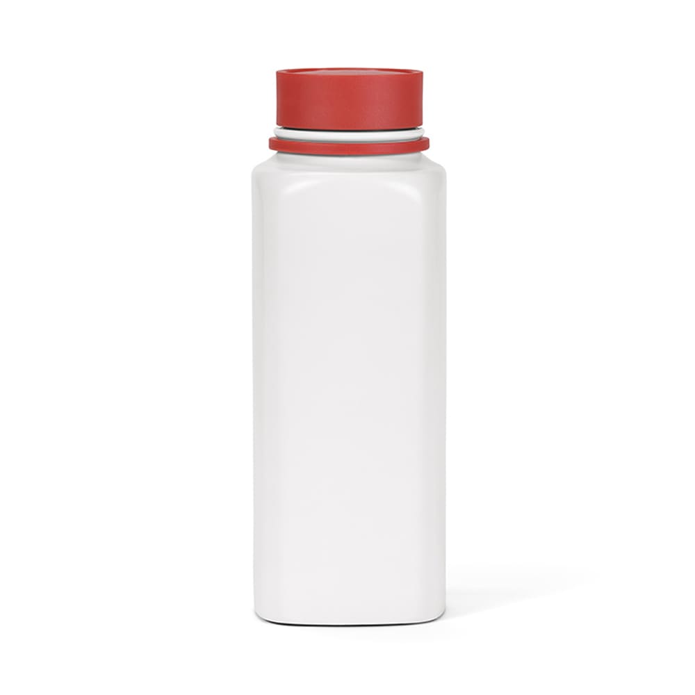 A drink bottle featuring a white body and a red lid, double wall, leakproof design, with a logo.