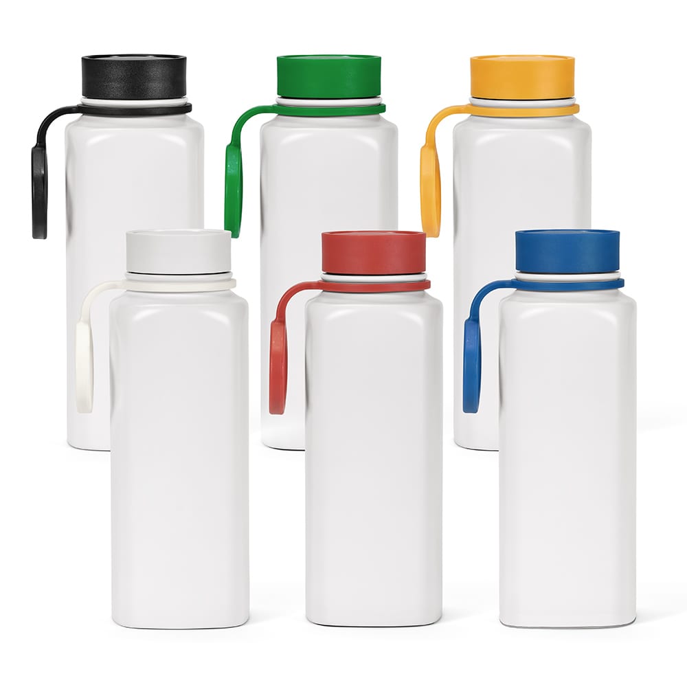 A drink bottle collection featuring six white bottles, each with a different coloured lid: black, green, yellow, red, blue, and white.