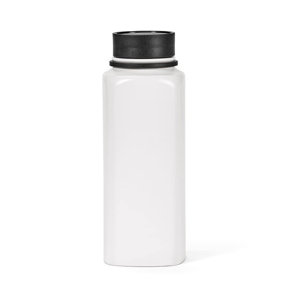 A drink bottle in white with a black lid, featuring a double wall and leakproof design. Includes branding.