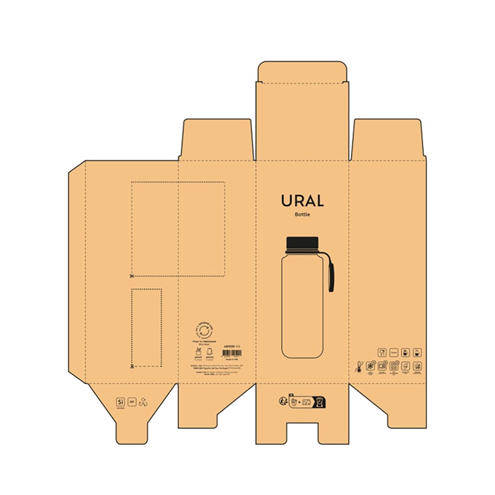 A drink bottle packaging template in a tan colour, featuring a design for a leakproof, double-walled bottle with a lid.