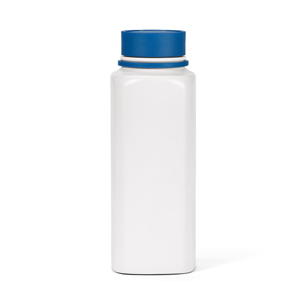 A drink bottle in white with a blue lid, featuring double wall construction and a leakproof design.