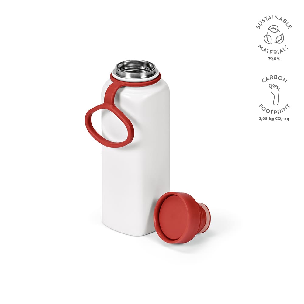 A drink bottle in white with a red lid and handle, featuring a logo and double wall design.