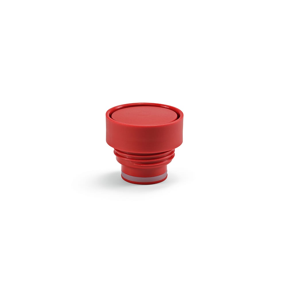 A drink bottle lid in bright red, featuring a smooth surface and a ribbed base for a leakproof seal.