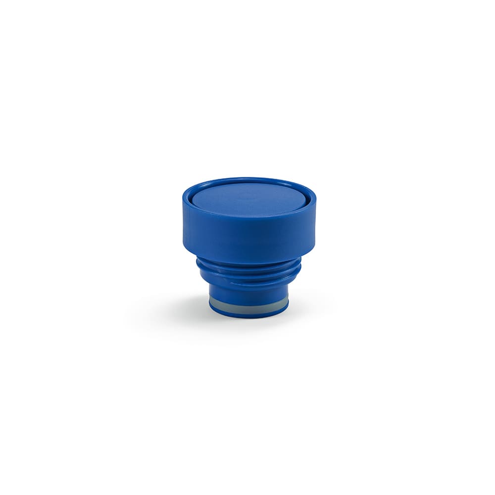 A drink bottle lid in blue, featuring a double wall design and a leakproof seal. Includes a branding logo.