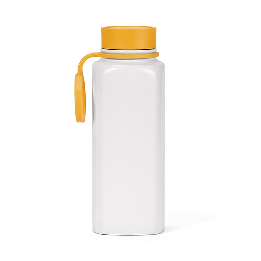 A drink bottle with a white body and a yellow 360° push lid, designed to be double wall and leakproof.