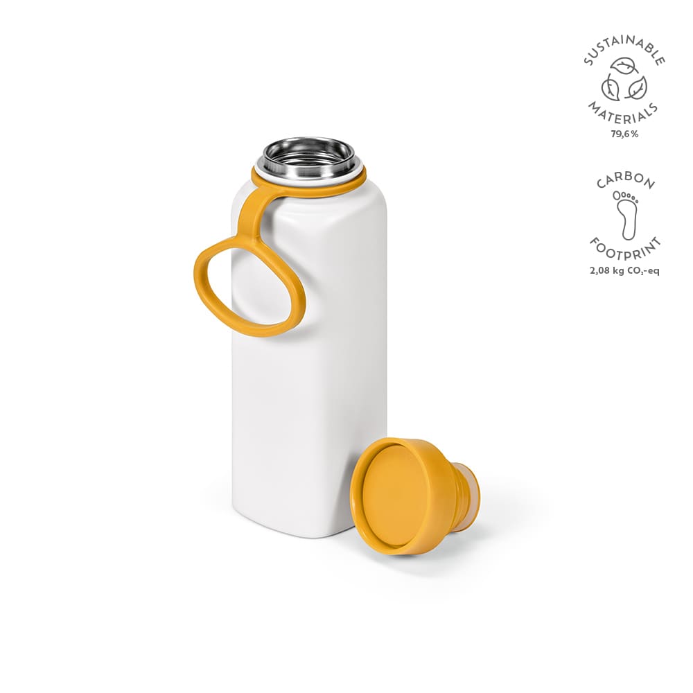 A drink bottle with a white body and yellow lid, featuring a handle and a leakproof design.