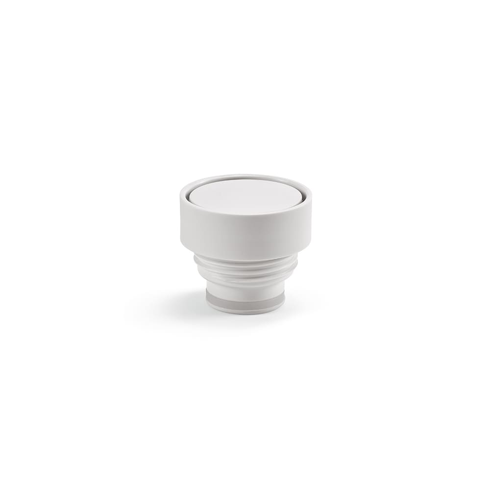 A drink bottle lid featuring a white, double-wall design with a leakproof seal and a 360° push mechanism.