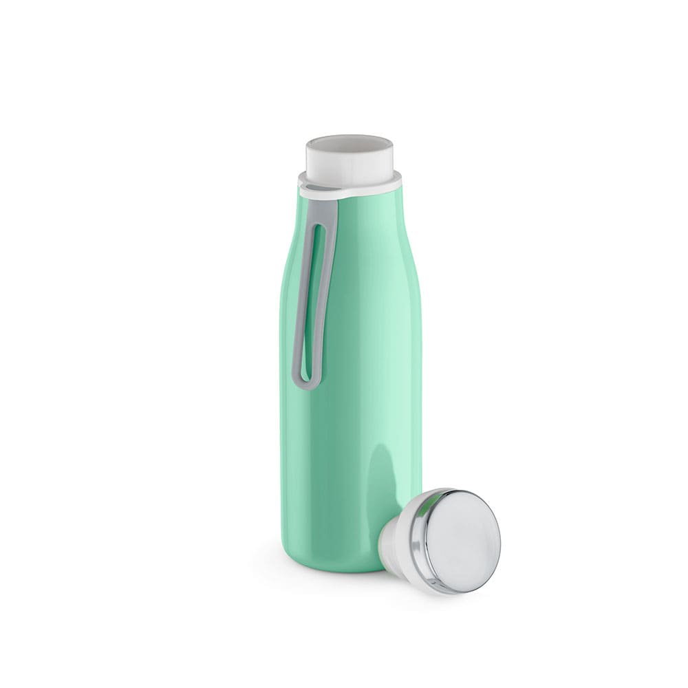 A drink bottle in mint green with a double wall, leakproof design, and a handle, featuring a silver cap.