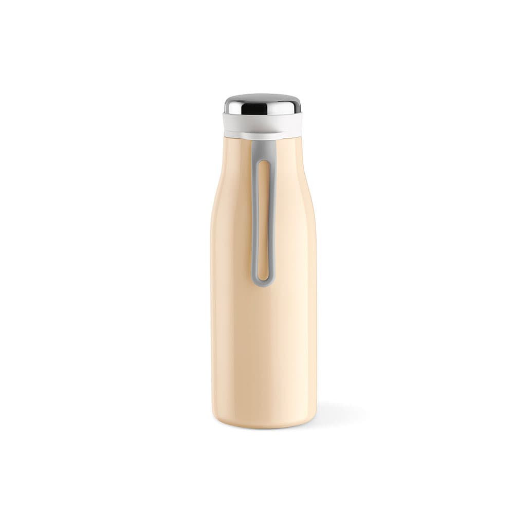 A drink bottle in a soft beige colour with a silver top, featuring a handle and a branding logo.