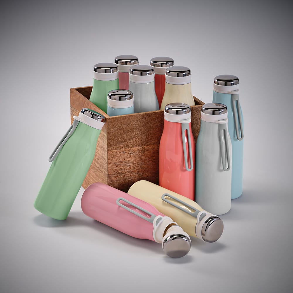 A drink bottle collection in pastel colours, including pink, green, and blue, arranged around a wooden crate.