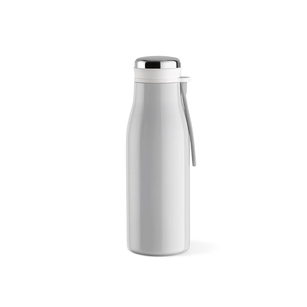 A drink bottle in white with a chrome lid, featuring a double wall, leakproof design, and a handle.