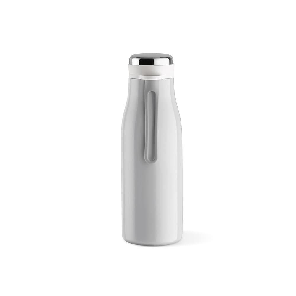 A drink bottle featuring a sleek grey design, double wall insulation, a leakproof cap, and a handle.