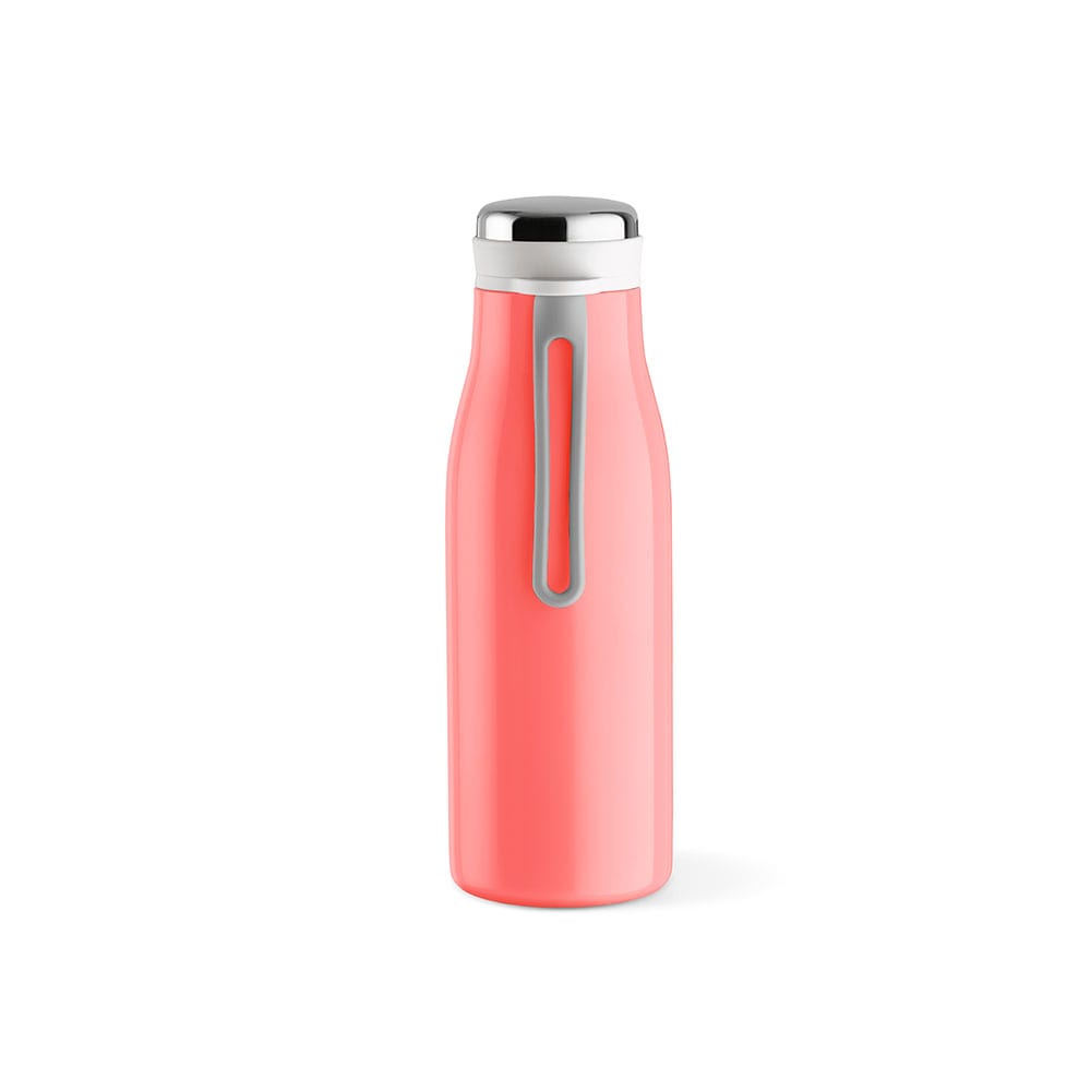 A drink bottle in coral pink with a silver lid, double wall, leakproof design, and a handle.