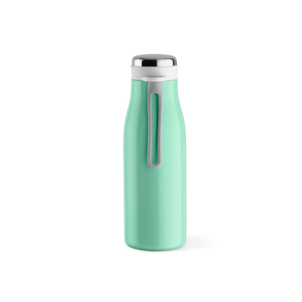 A drink bottle in mint green with a silver cap, featuring a double wall, leakproof design, and a handle.