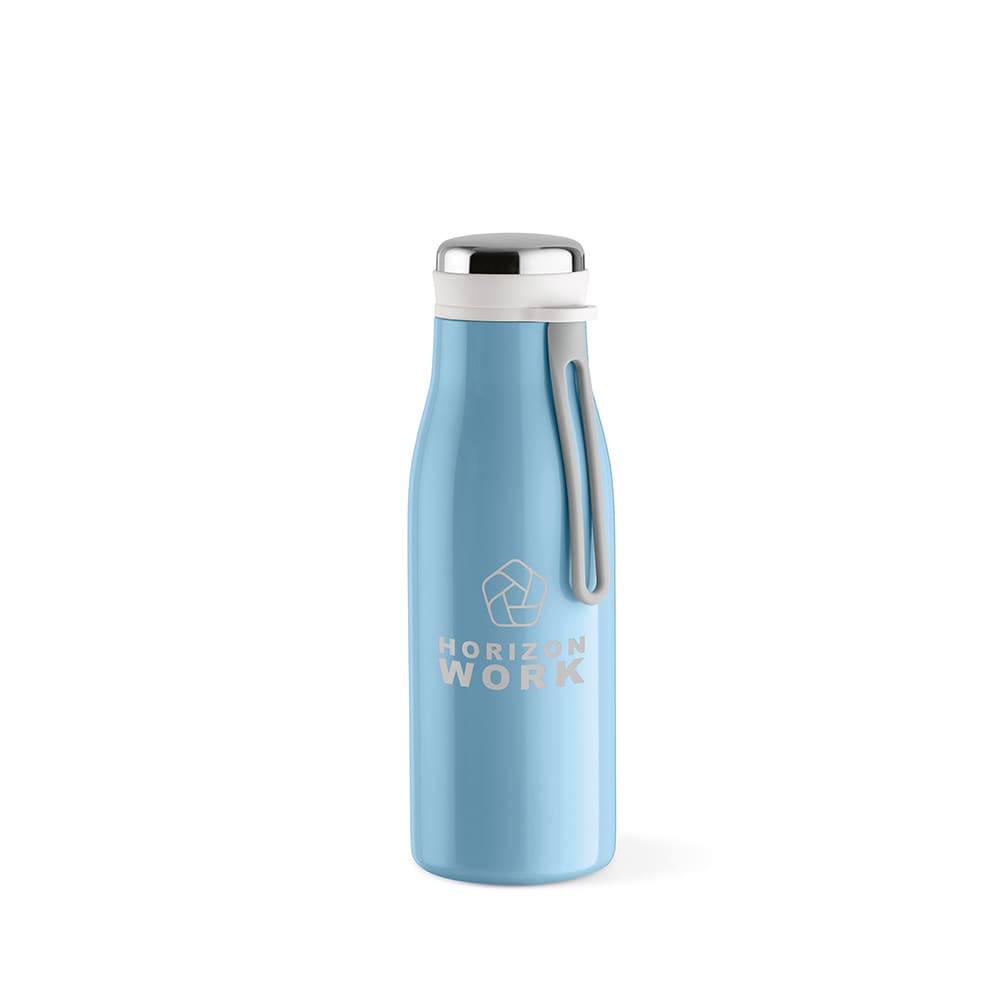 A drink bottle in light blue, featuring a handle, double wall insulation, and a leakproof design. It has a logo.