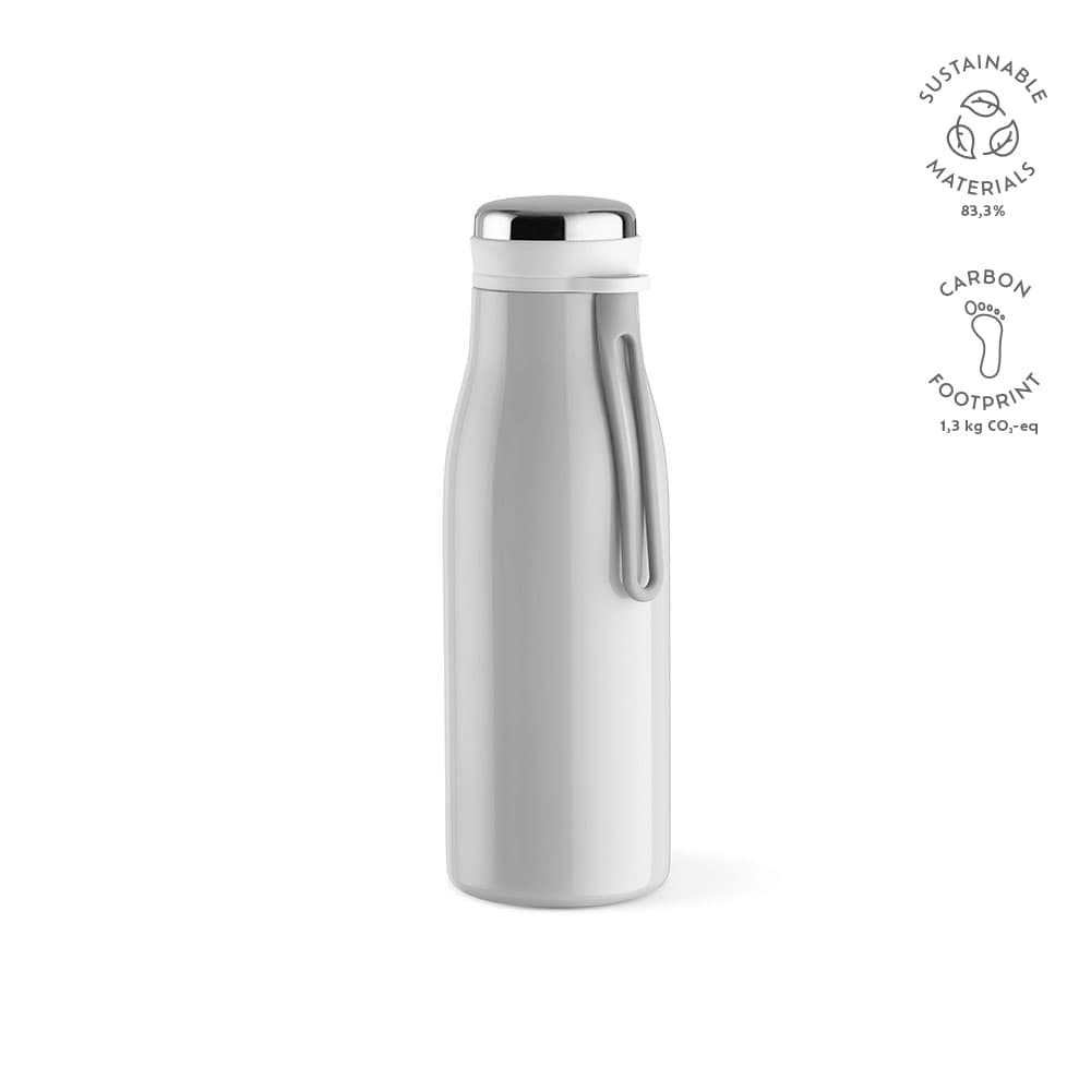 A drink bottle in grey with a silver lid, featuring a handle and a logo. Double wall and leakproof design.