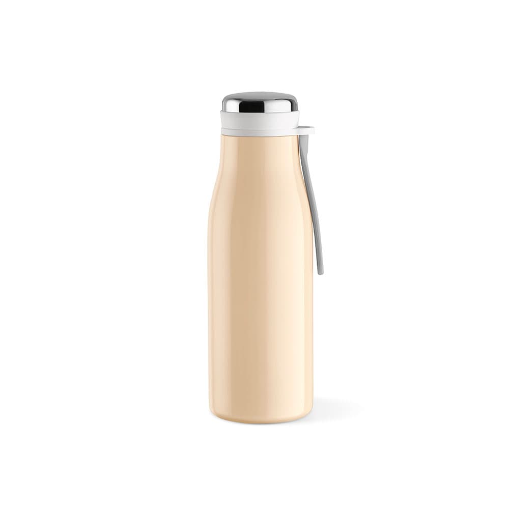 A drink bottle in a peach colour, featuring a double wall, leakproof design, and a handle. It has a logo.