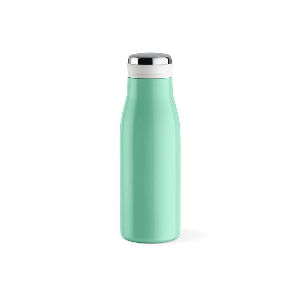 A drink bottle in mint green, featuring a double wall, leakproof design, and a silver handle. It has a logo.