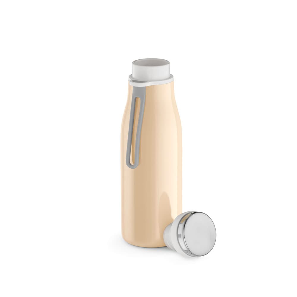 A drink bottle in a soft peach colour with a silver lid and a handle. It features a sleek, double-wall design.
