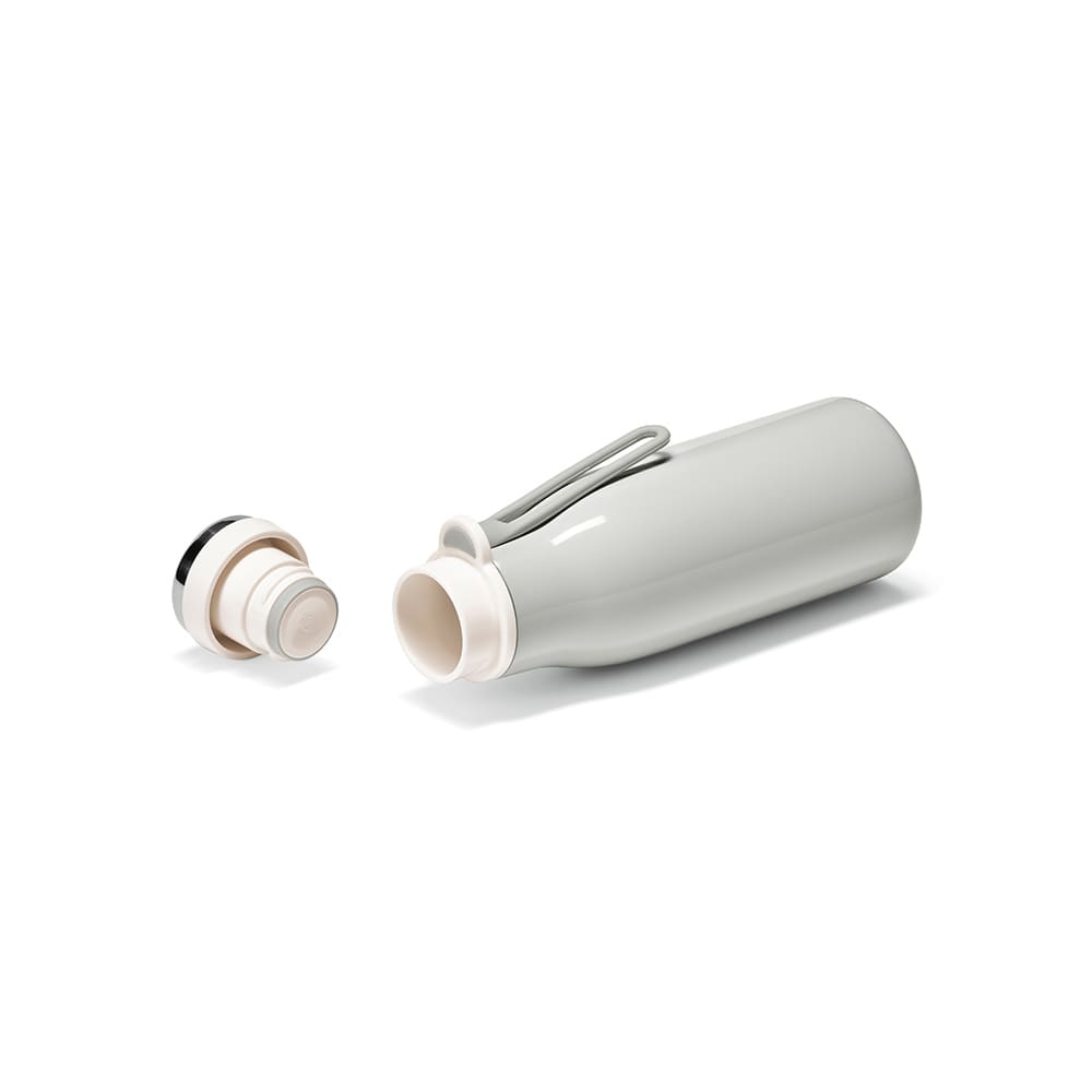 A drink bottle in grey with a white cap, featuring a double wall, leakproof design, and a handle.