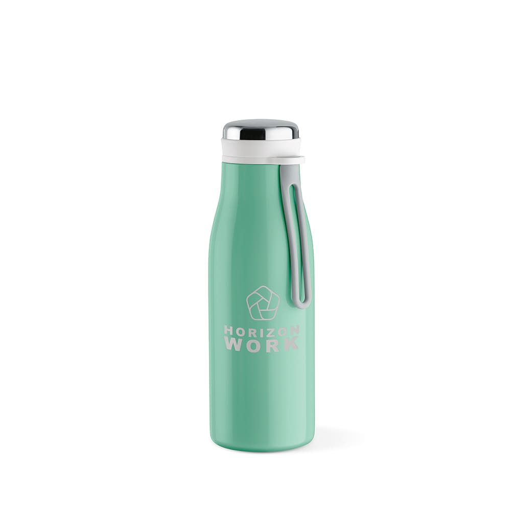 A drink bottle in mint green with a stainless steel top, double wall design, leakproof cap, and a handle.