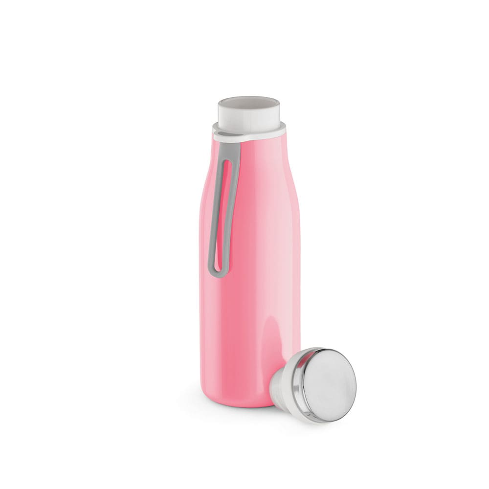 A drink bottle in a glossy pink finish, featuring a silver handle and a screw-on cap. It has a logo on the side.