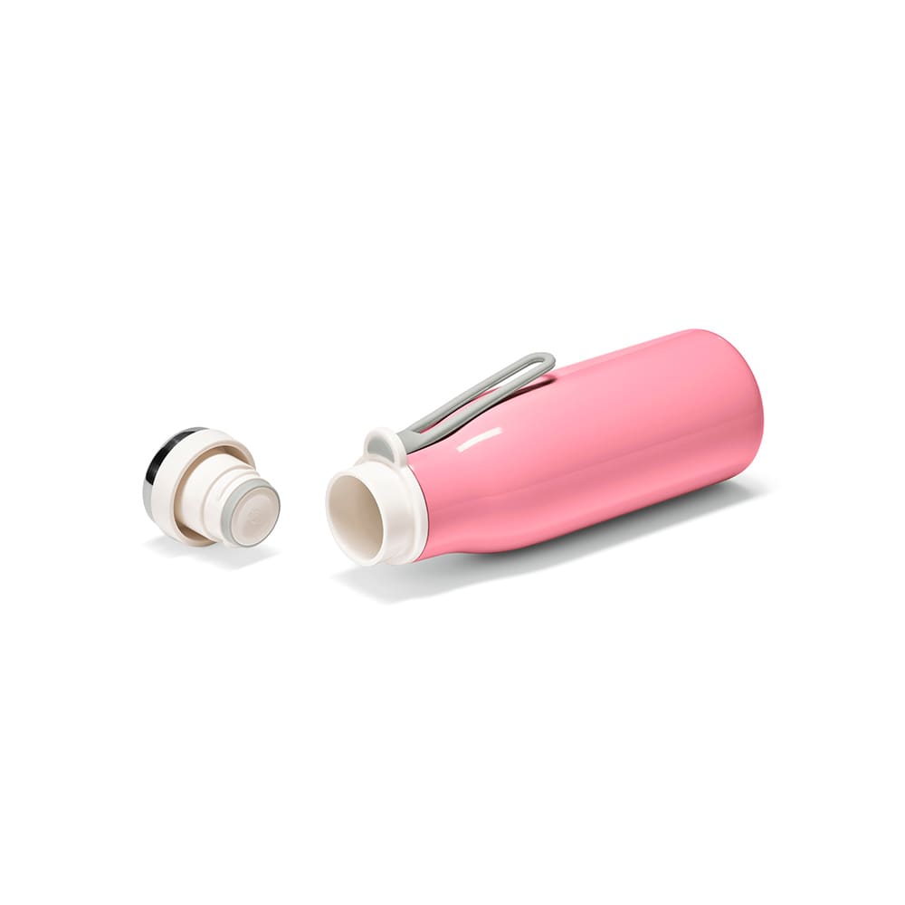 A drink bottle in pink with a white lid, featuring a double wall, leakproof design, and a handle.