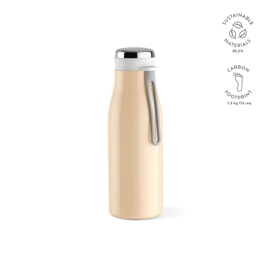 A drink bottle in a cream colour with a silver lid, double wall, leakproof design, and a handle. It features a logo.