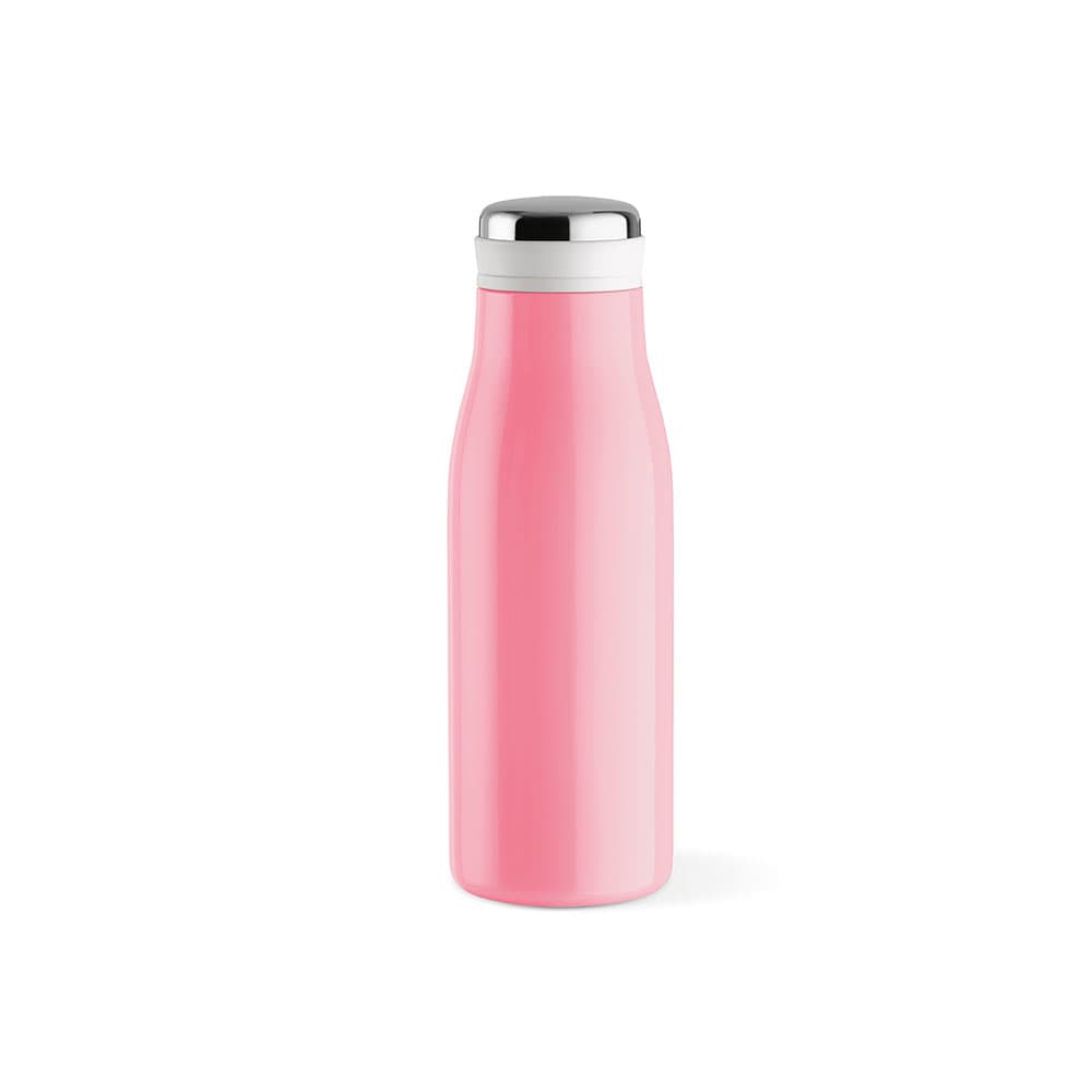 A drink bottle in a bright pink colour, featuring a double wall, leakproof design, and a handle. It has a logo.
