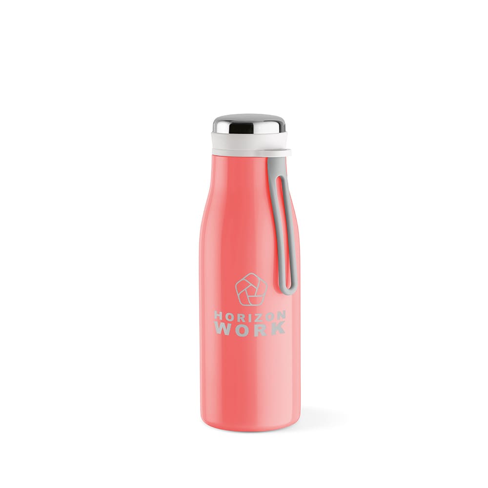 A drink bottle in coral pink with a stainless steel lid and a grey handle, featuring a logo. Double wall and leakproof.