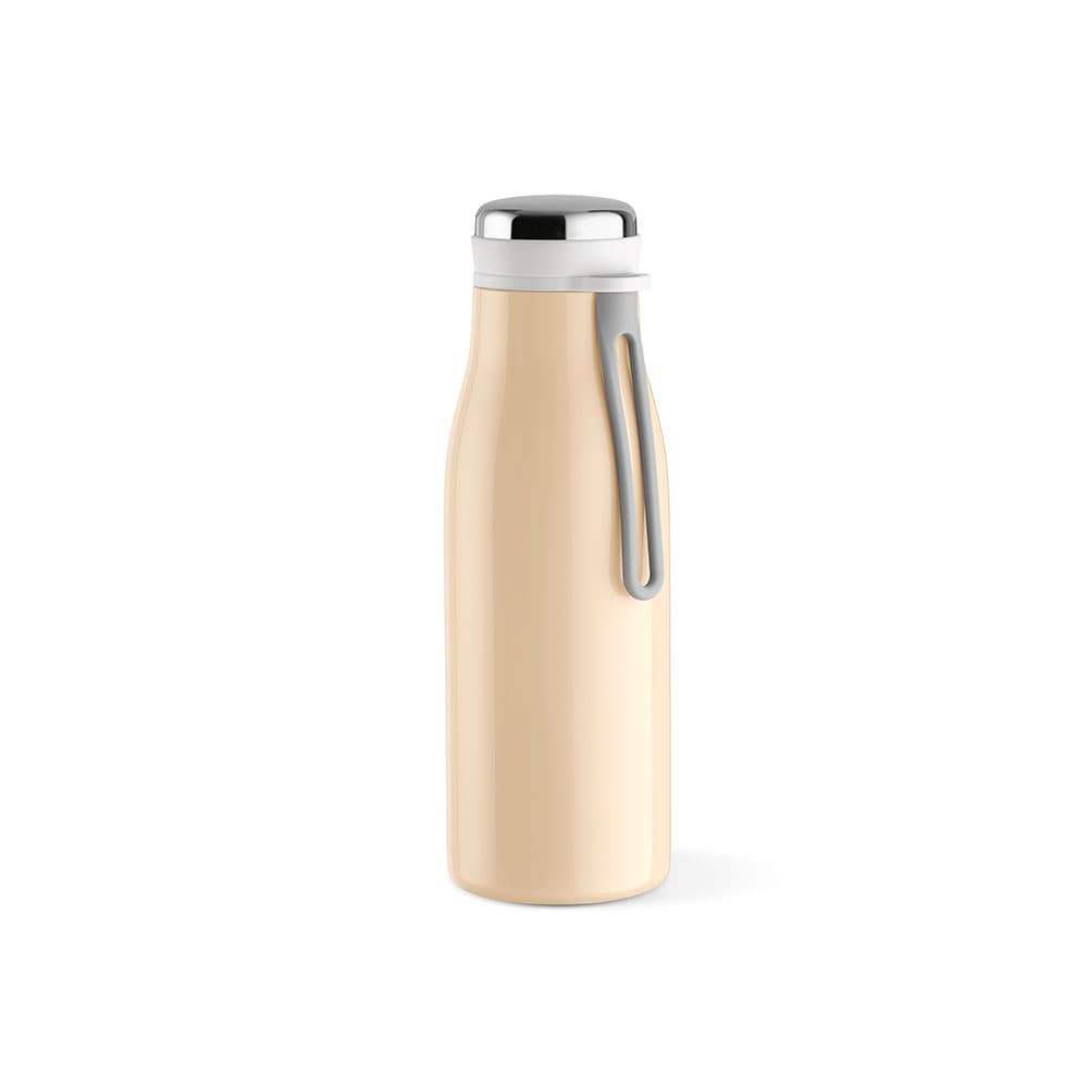 A drink bottle in a soft peach colour with a double wall, leakproof design, and a handy handle. Features a logo.