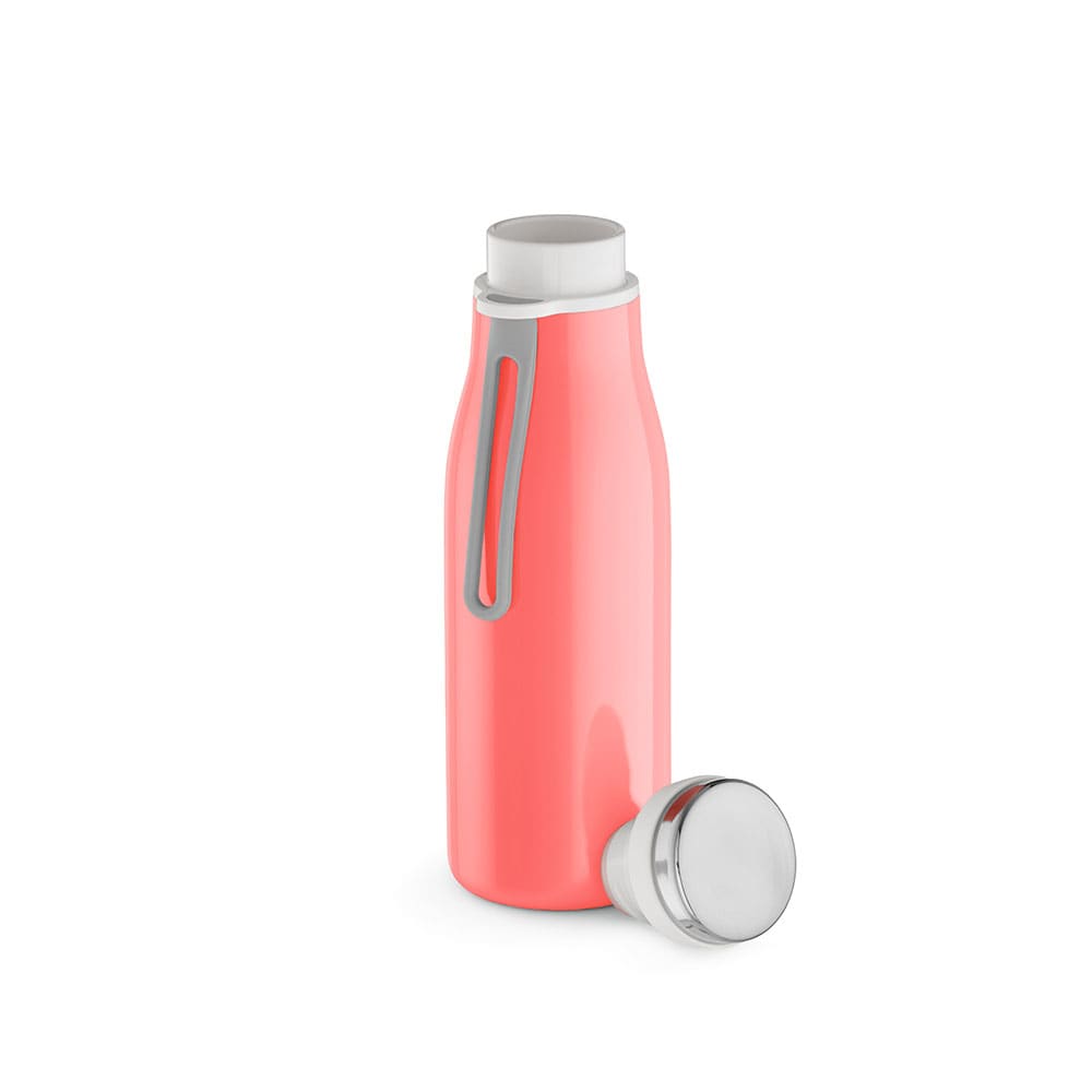 A drink bottle in coral pink with a silver lid and a handle, featuring a logo. Double wall and leakproof design.
