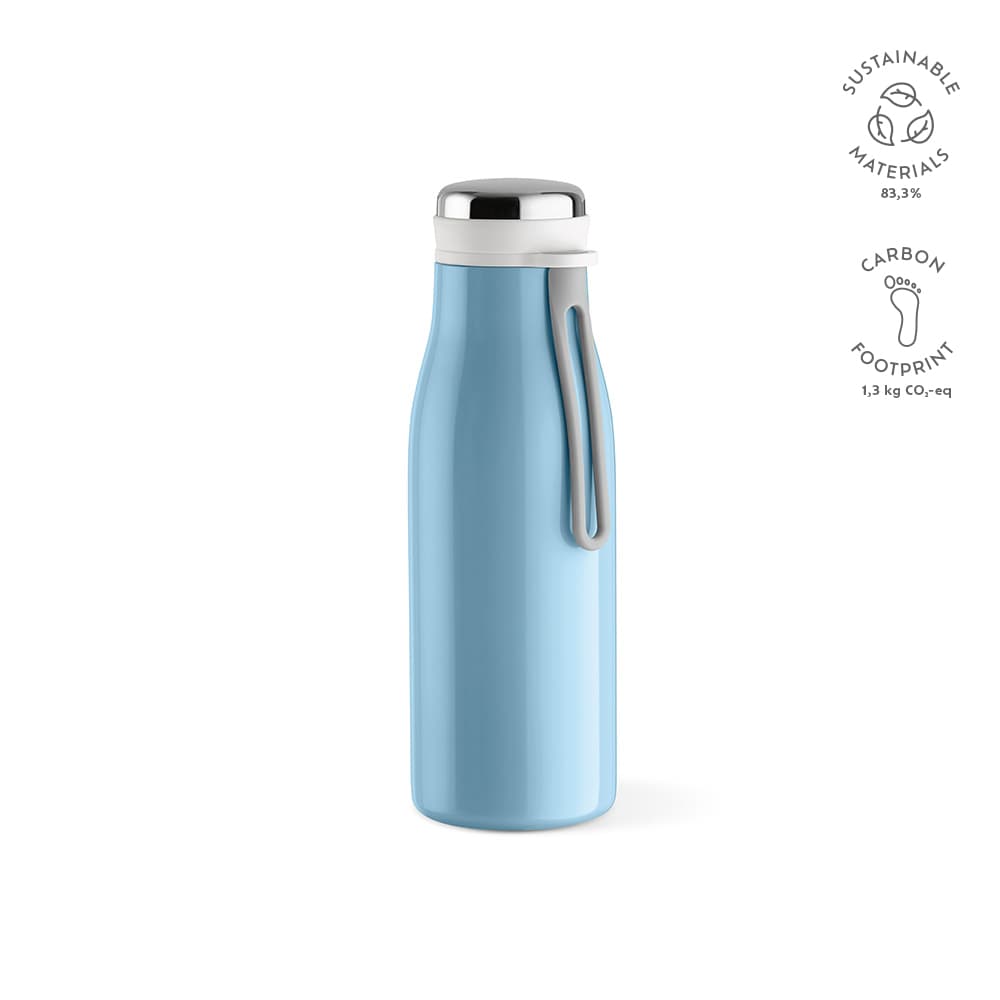 A drink bottle in light blue, featuring a double wall, leakproof design, and a handle. It has a logo.
