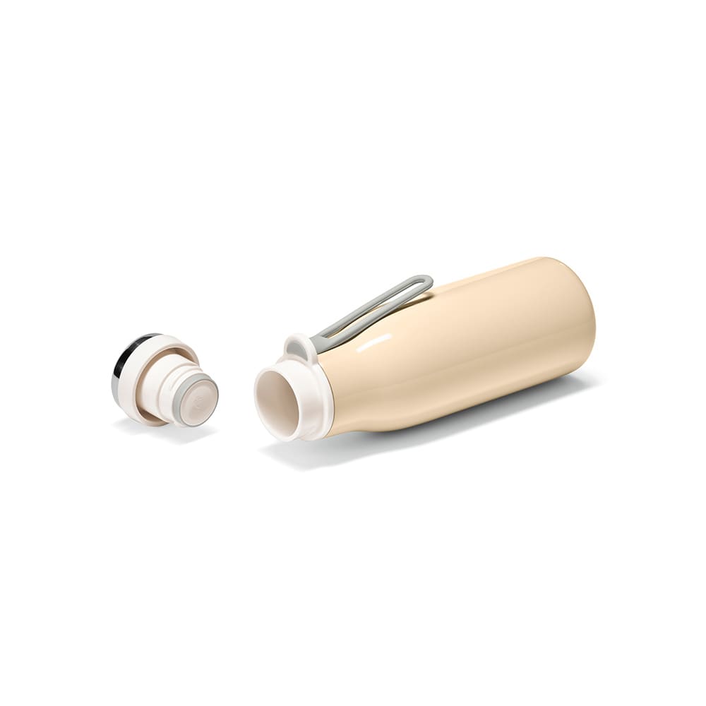 A drink bottle in a cream colour with a removable lid, featuring a handle and a branding logo.