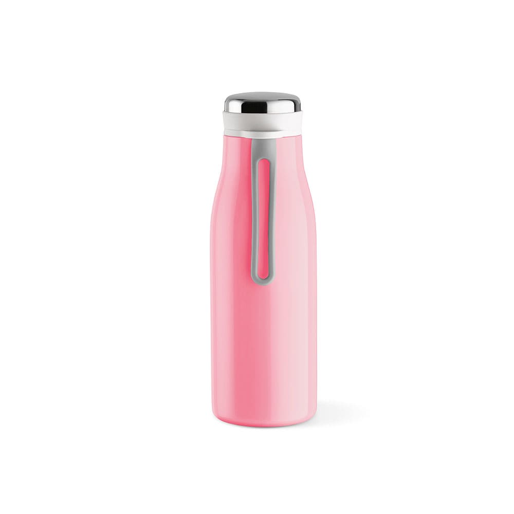 A drink bottle in pink with a silver lid, double wall insulation, leakproof design, and a handle.