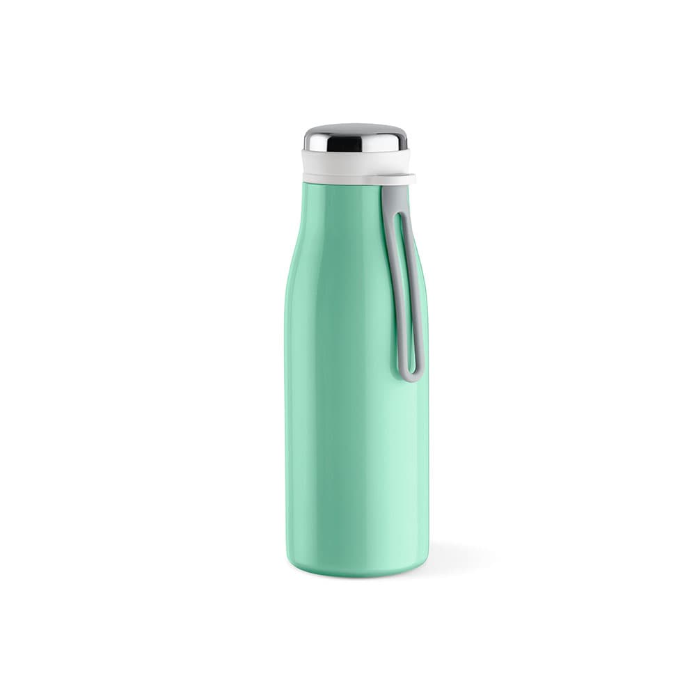 A drink bottle in mint green with a silver cap, featuring a handle and a leakproof design.