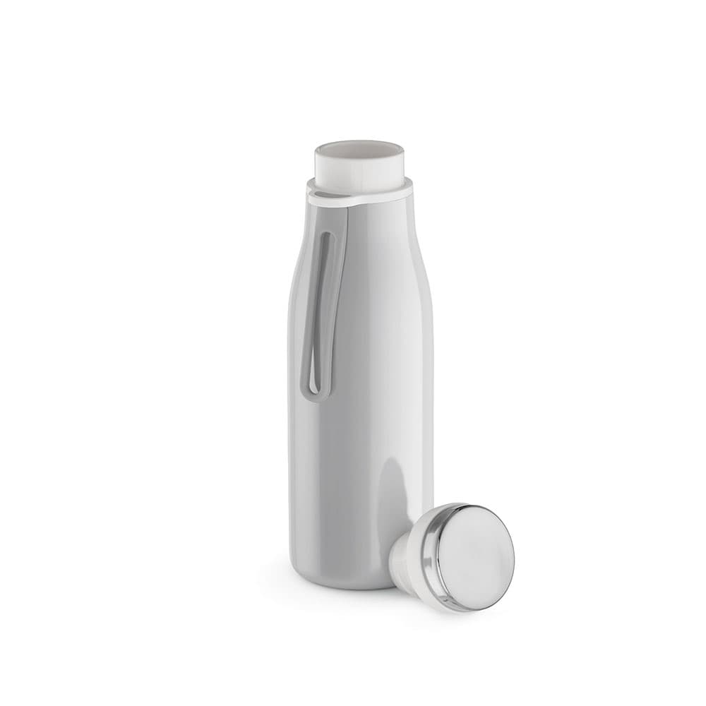 A drink bottle in grey with a double wall, leakproof design, and a handle, accompanied by a screw-on lid.