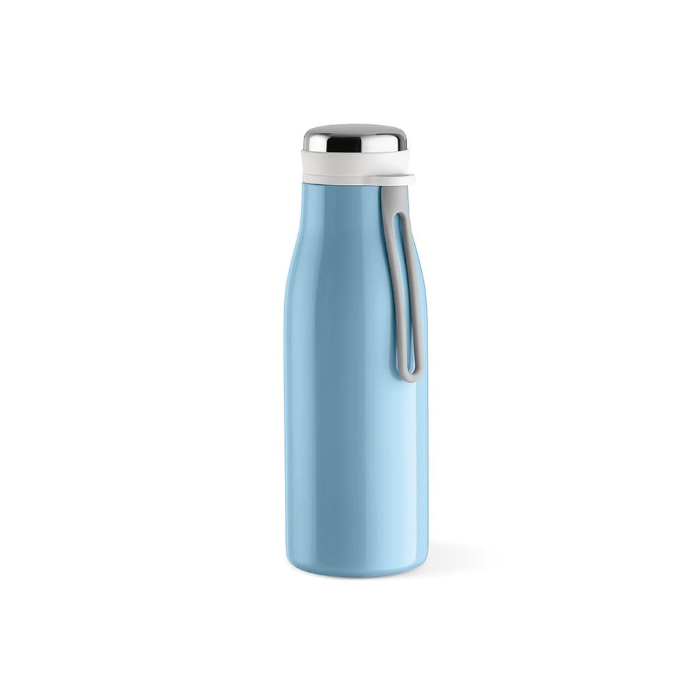 A drink bottle in light blue with a silver lid and grey handle. It features a leakproof design and a logo.