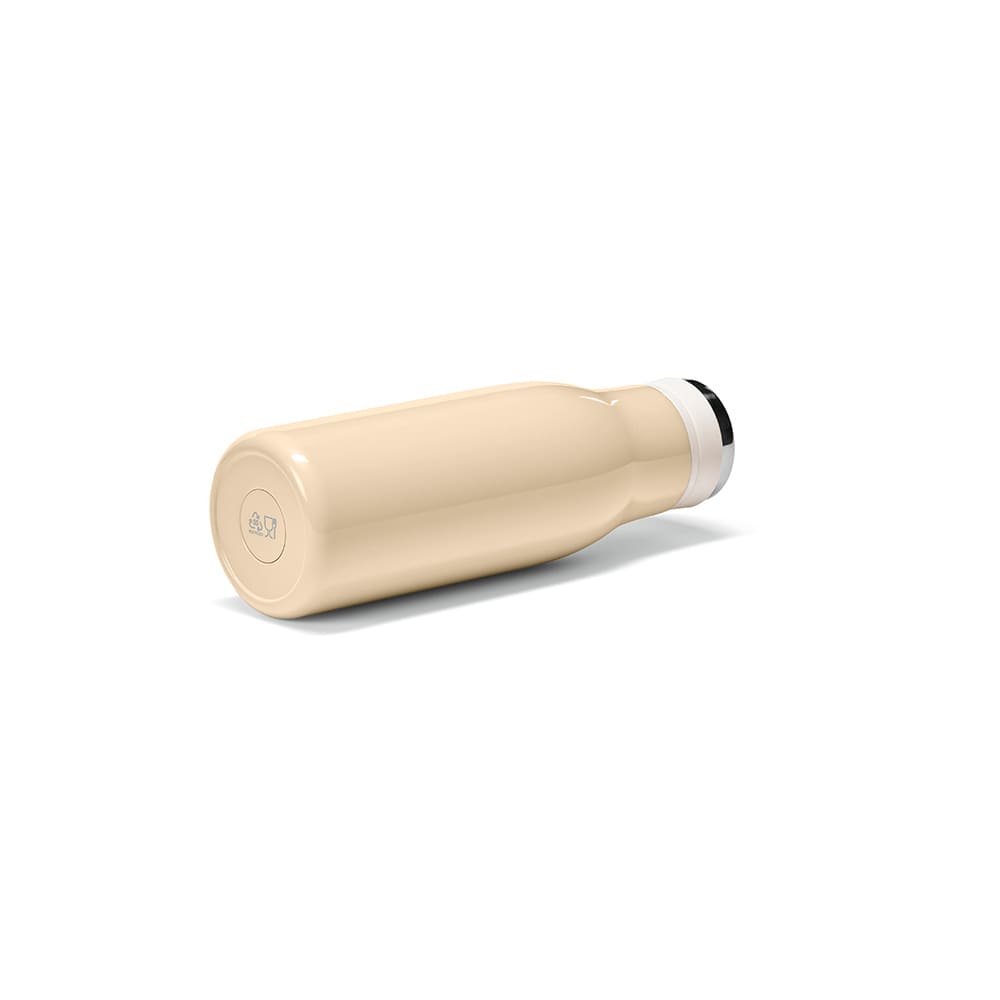 A drink bottle in a light beige colour with a black and white lid, featuring a handle and a leakproof design.