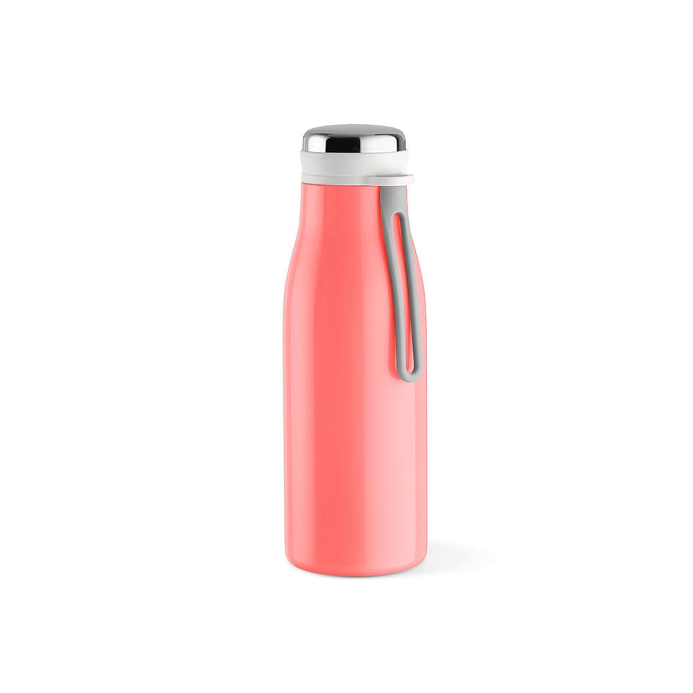 A drink bottle in coral pink, featuring double wall insulation, a leakproof design, and a handle. Includes a logo.