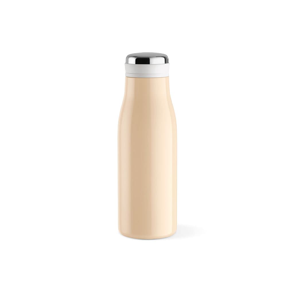 A drink bottle in a soft peach colour, featuring a double wall, leakproof design, and a silver lid.